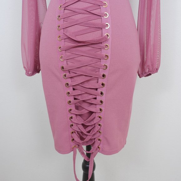 Iris Mauve Pink Sheer Mock Neck Long Sleeve Corset Lace Up SZ S Sexy Y2K Dress - Picture 5 of 14